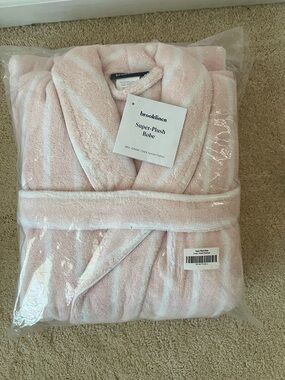Brooklinen Super-Plush Robe in Light Pink and White Stripes
